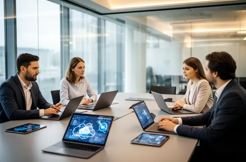 Executive and technical teams reviewing a security audit report with risk priorities Executive and technical teams reviewing a security audit report with risk priorities