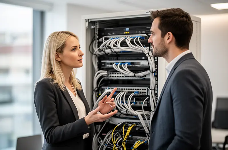 Technician installing structured cabling in a Madrid office rack area