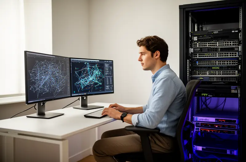 IT team reviewing corporate network design and security requirements