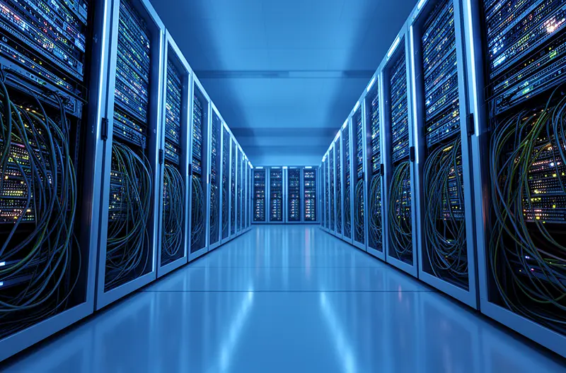 Modern IP PBX rack and network connections for voice services