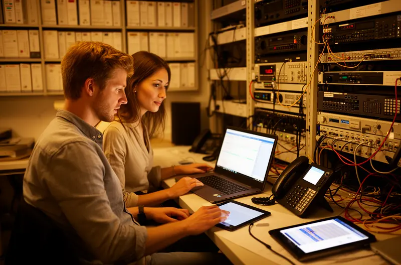 Business team using a PBX console and call reporting dashboard