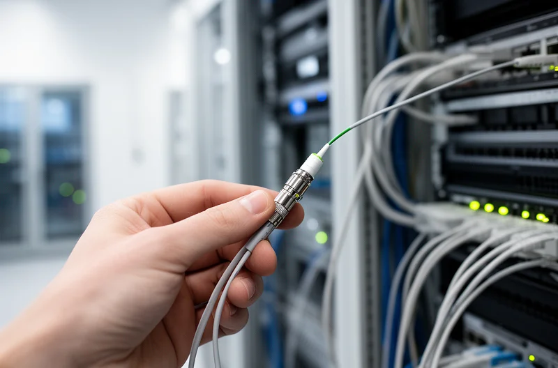 Technician organising structured cabling in a comms room