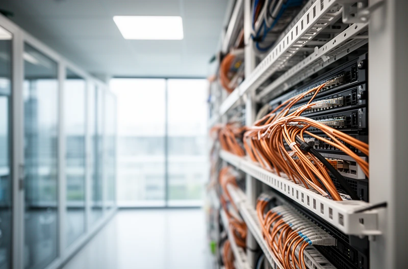 Technician organising structured cabling in a server room