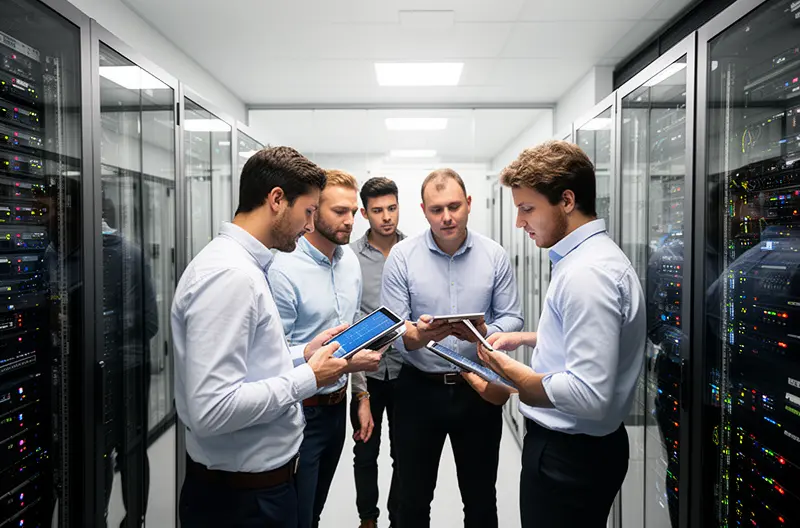 Technical team reviewing infrastructure evidence as part of an IT risk assessment Technical team reviewing infrastructure evidence as part of an IT risk assessment