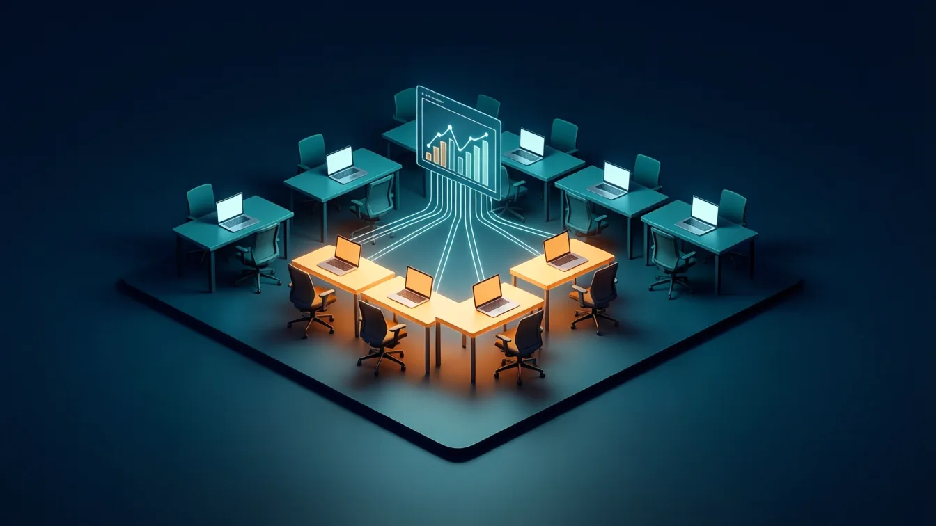 Grupo piloto de puestos iluminados en una oficina conectados a un gráfico de adopción de Copilot Grupo piloto de puestos iluminados en una oficina conectados a un gráfico de adopción de Copilot