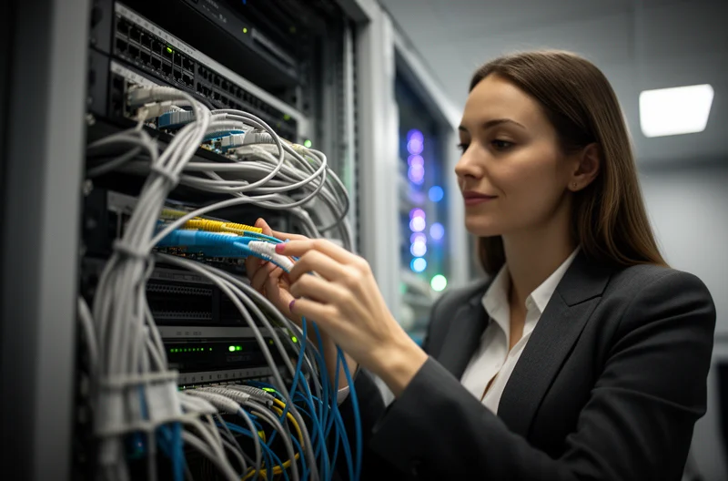 Technicians reviewing network racks and cabling in a server room