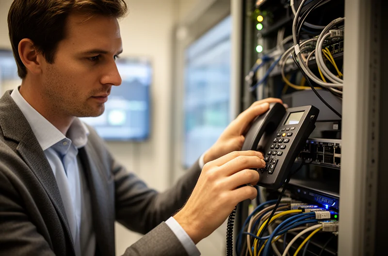IT technician configuring an IP switchboard for business VoIP