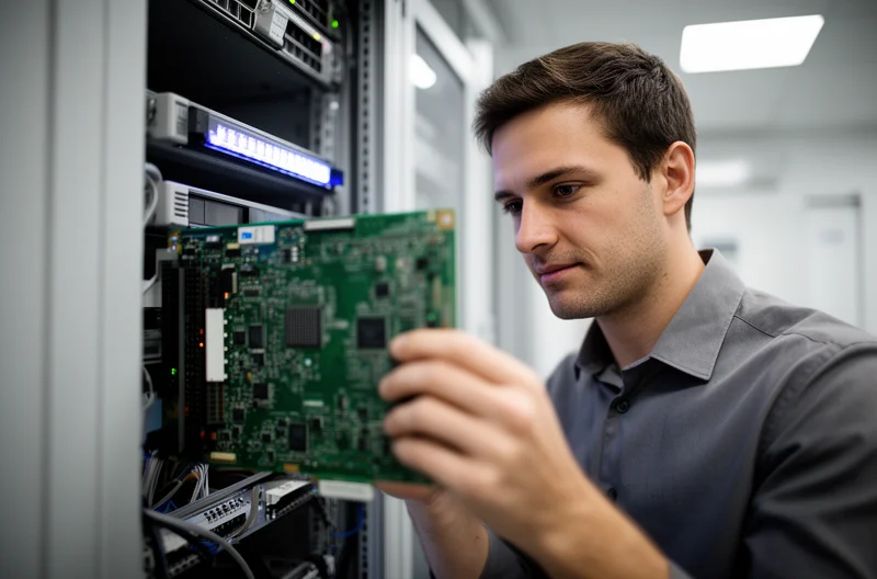 Equipa técnica a trabalhar em Instalação e manutenção de centrais telefónicas Equipa técnica a trabalhar em Instalação e manutenção de centrais telefónicas
