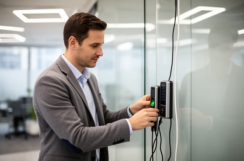 Equipa técnica a trabalhar em instalador de sistemas de controlo de acessos Equipa técnica a trabalhar em instalador de sistemas de controlo de acessos