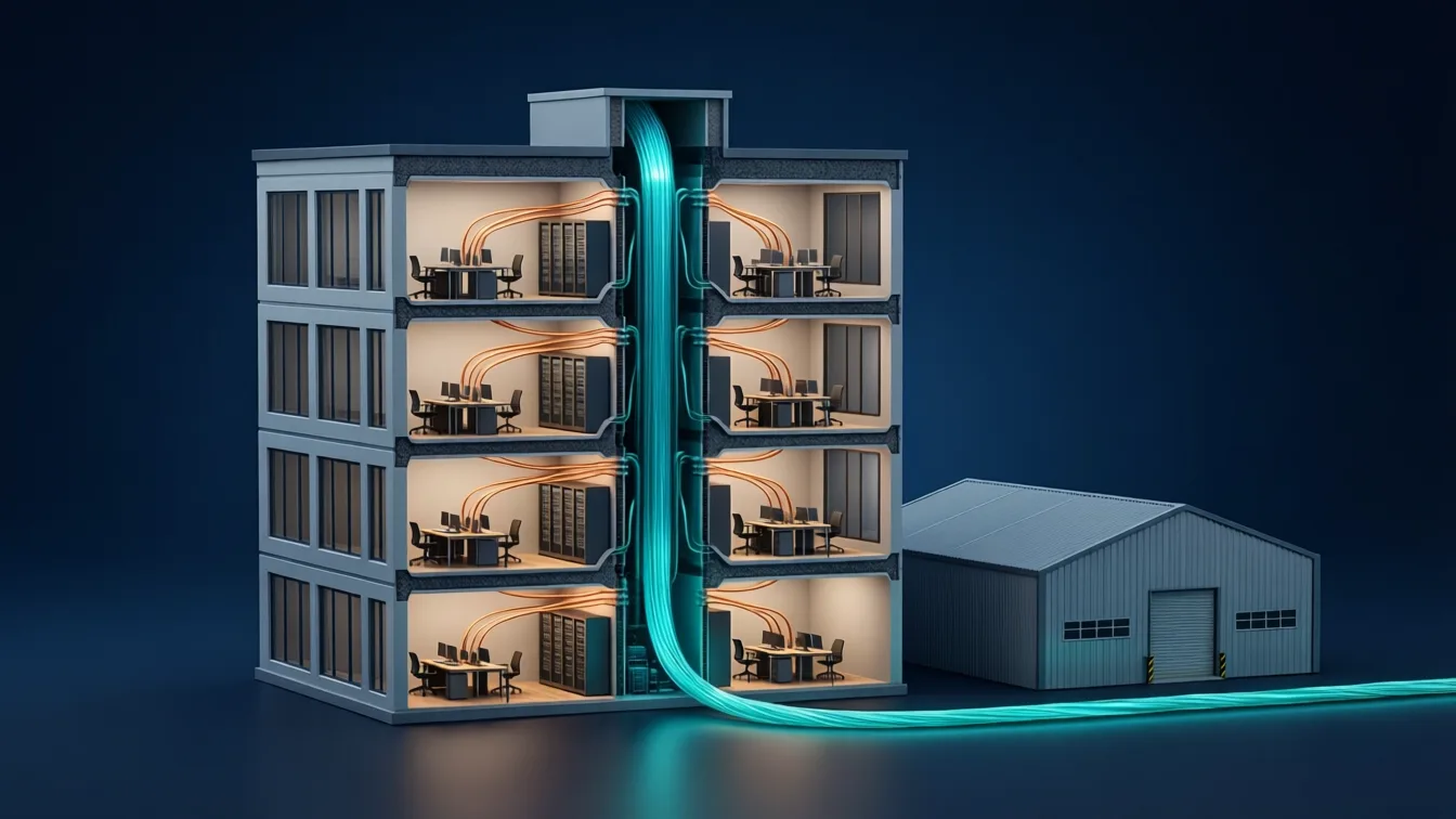 Edificio de oficinas en corte con un troncal de fibra que une los racks de cada planta y una nave anexa Edificio de oficinas en corte con un troncal de fibra que une los racks de cada planta y una nave anexa