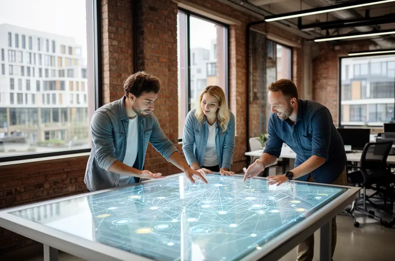 IT team reviewing network dashboards and security alerts in a control room