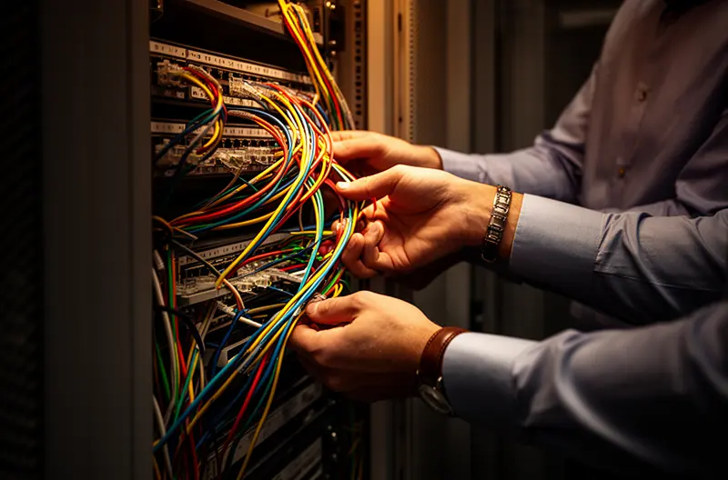 Technician inspecting a switchboard enclosure before commissioning checks