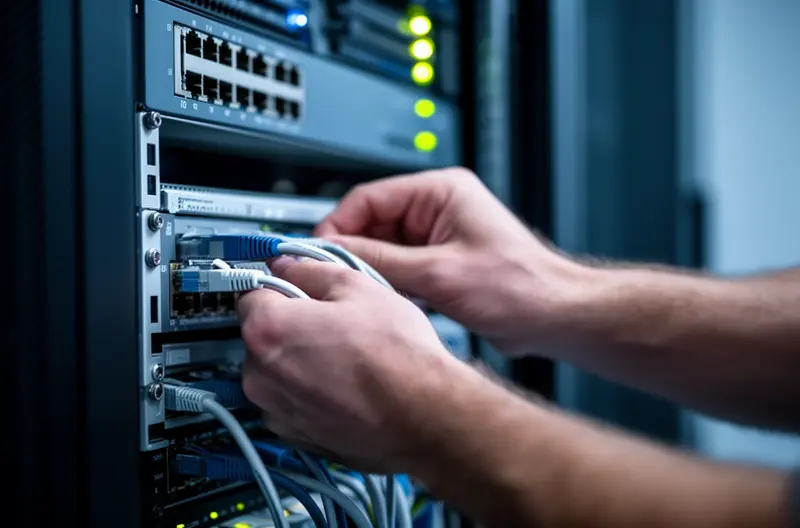 Técnico a ligar cabos de rede e firewall durante a instalação de servidores