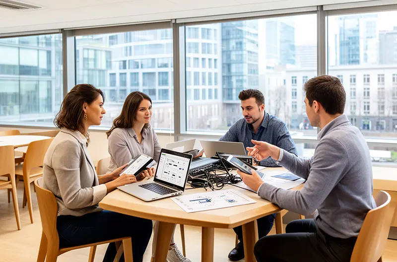 Equipa de TI a planear a instalação e migração de servidores empresariais