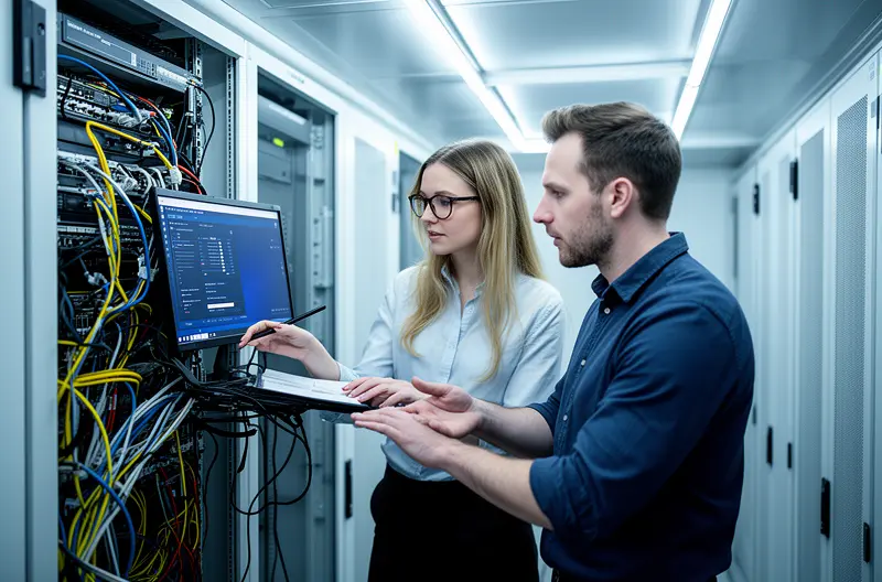 Business office with secure IT infrastructure and backup indicators
