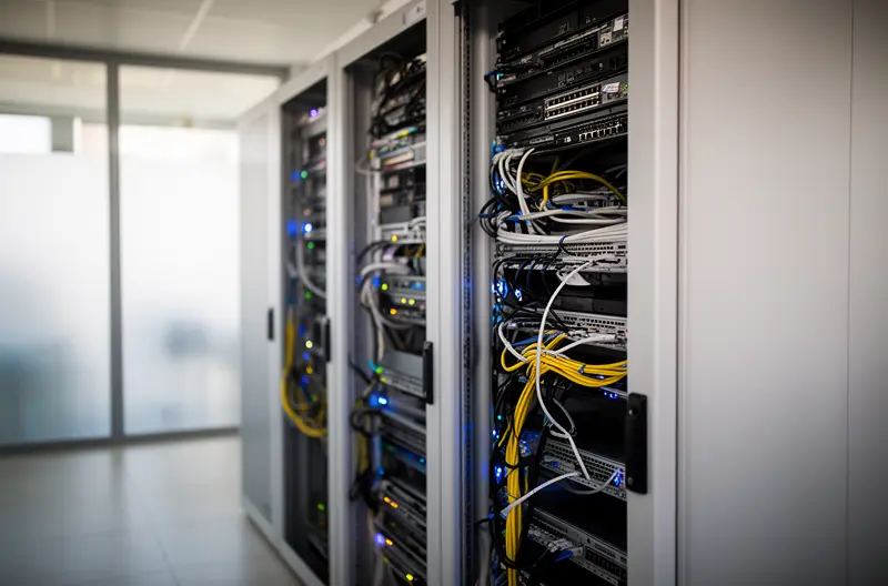 Technician performing on-site server and network checks in Barcelona