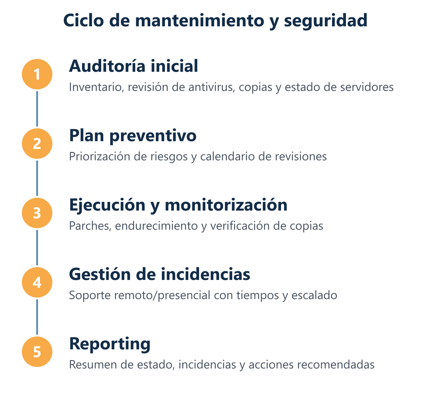 Flujo del mantenimiento: auditoría, plan, prevención, soporte y reporting