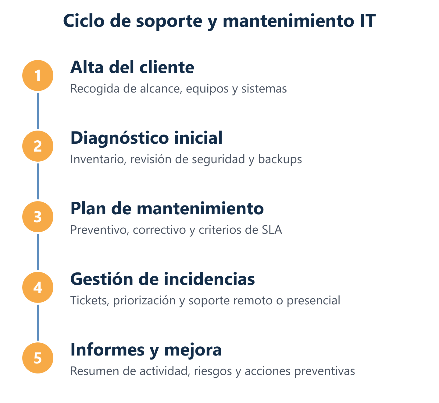 Ciclo de mantenimiento: alta, diagnóstico, plan, soporte e informes