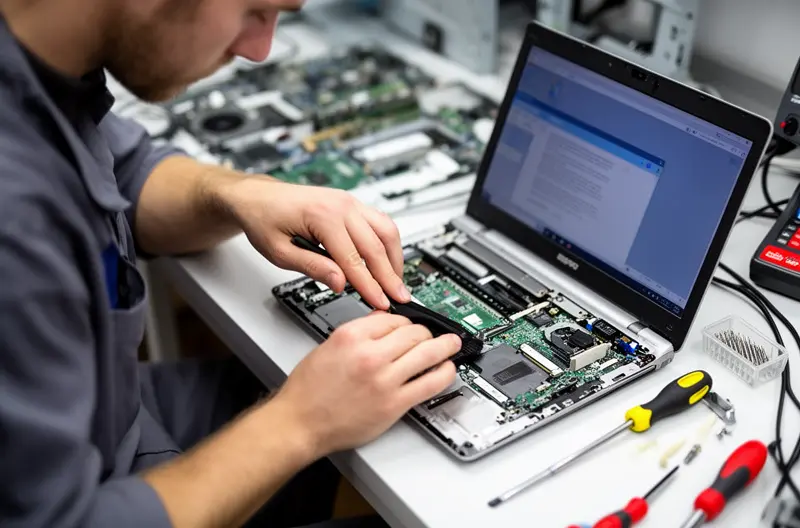 Field technician diagnosing a business laptop during a documented break-fix visit Field technician diagnosing a business laptop during a documented break-fix visit