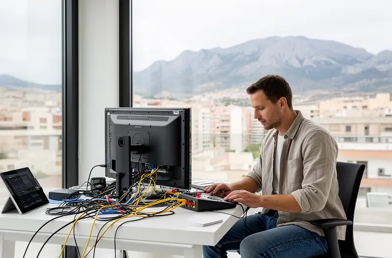 Técnico revisando equipos y monitorización en una oficina de Collado Villalba