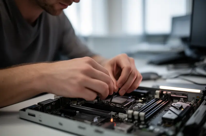 Technician performing on-site IT maintenance in a business environment