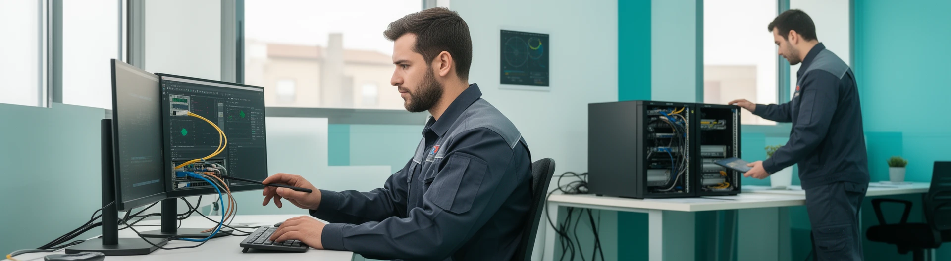 Technicians carrying out preventive IT maintenance for a business in Valdemoro