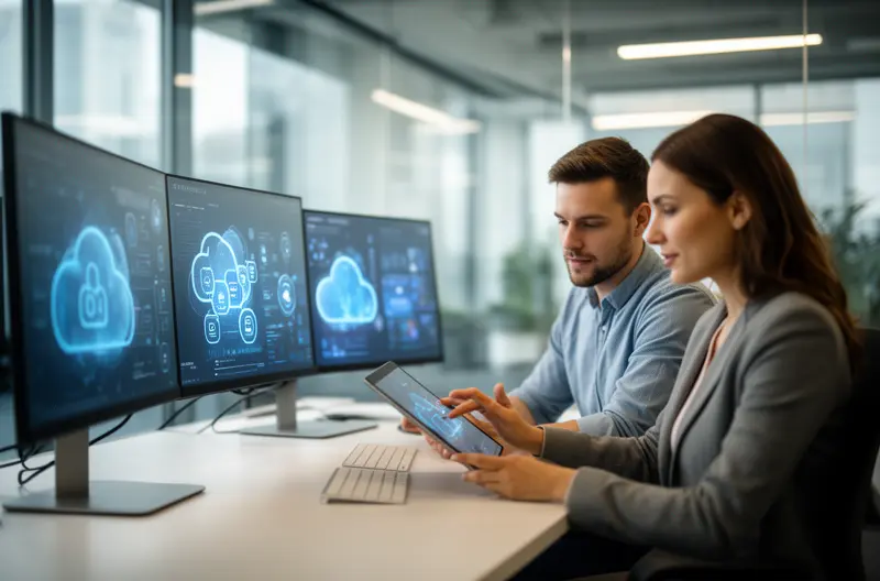 Equipo revisando paneles de monitorización y seguridad en una empresa Equipo revisando paneles de monitorización y seguridad en una empresa