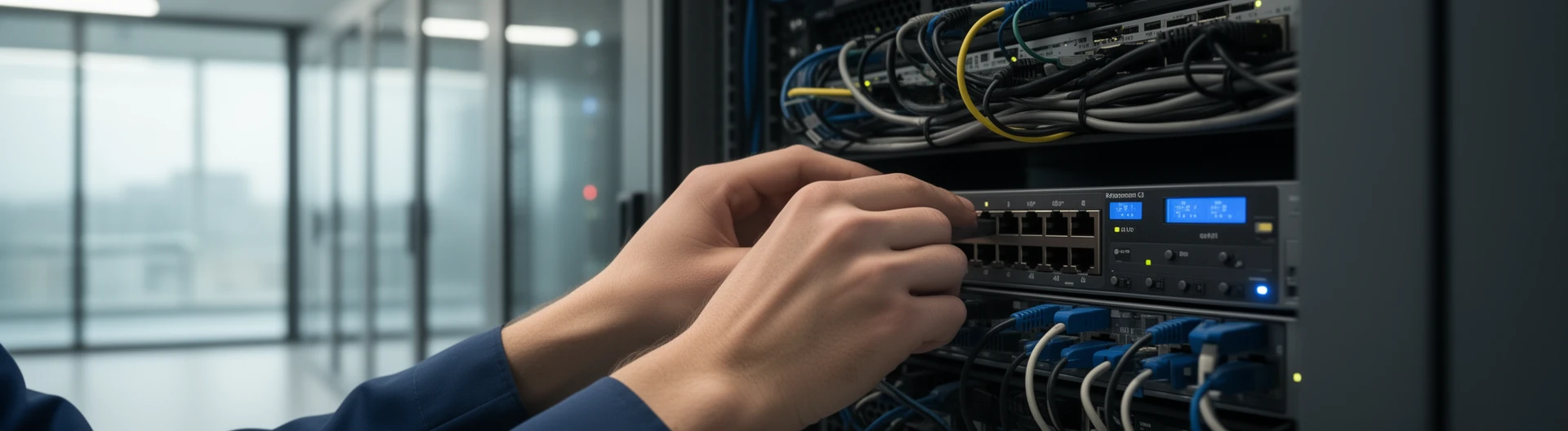 Modern server room network technician hands mainte
