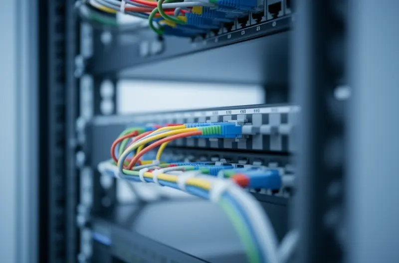 Technician preparing a server room with planned rack positions and cable routes