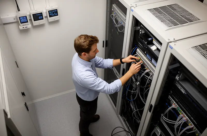 Technician patching labelled network equipment during a smart-hands assignment Technician patching labelled network equipment during a smart-hands assignment