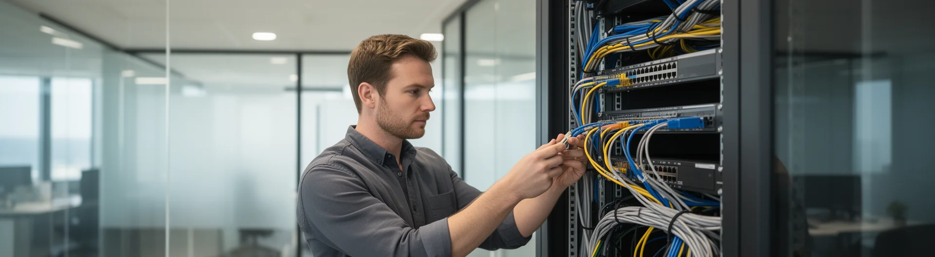 Professional it technician installing network cabl