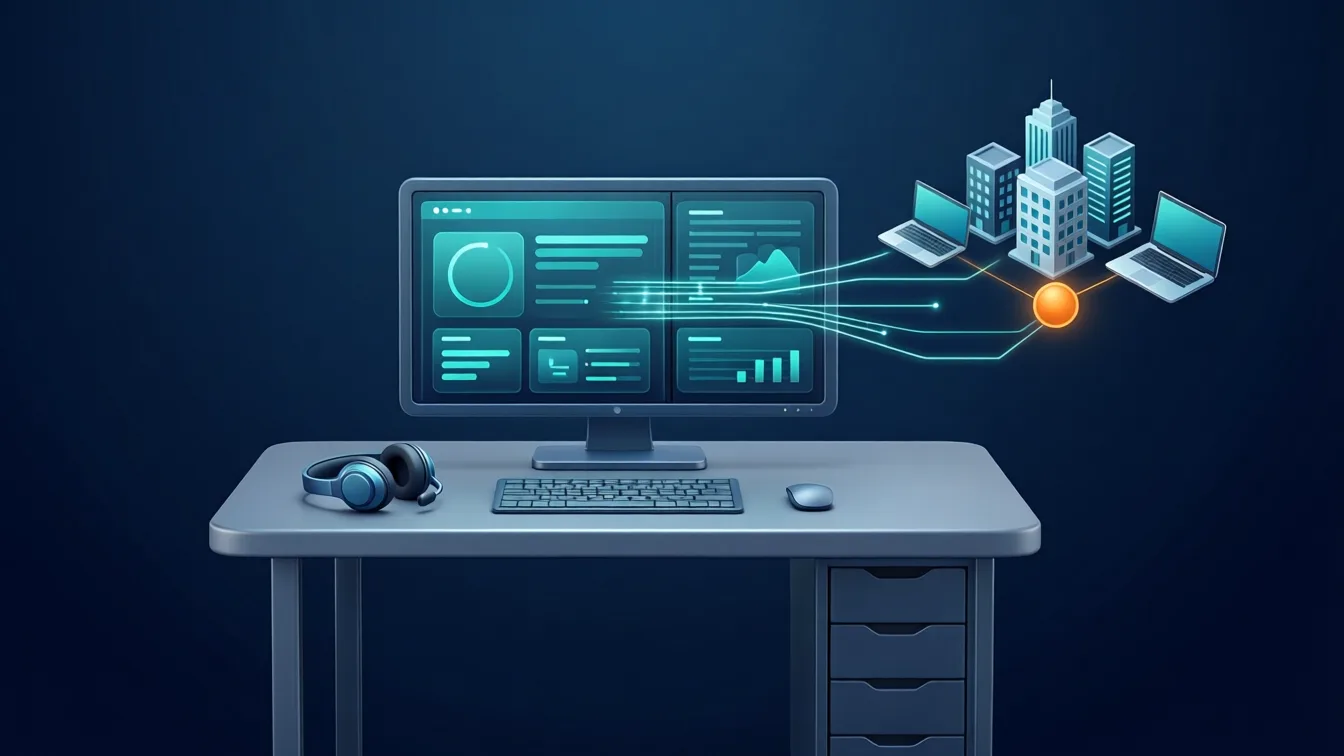 Puesto de helpdesk con dos monitores y auriculares conectado en remoto con oficinas y portátiles de empresas Puesto de helpdesk con dos monitores y auriculares conectado en remoto con oficinas y portátiles de empresas